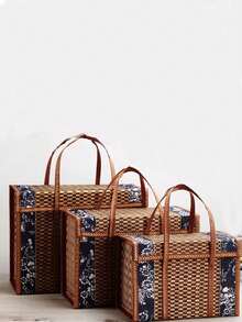 1pc Handwoven Bamboo Camping Storage Basket With Portable Rural Style Design, Perfect Woven Picnic Basket For Outdoor Adventure, Travel Organization, Beach Trip, Garden Organizer, Rustic Home Decor Storage Solution - Brown - View 8