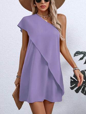 Lightweight Polyester Off-Shoulder Asymmetric Dress - Women's Fitted Style, Casual