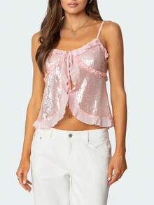 Women Y2k Sequin Cami Top Sparkly Sleeveless Backless Halter Top Summer Going Out Top Glitter Camisole Clubwear - 淺粉色 - 查看 1