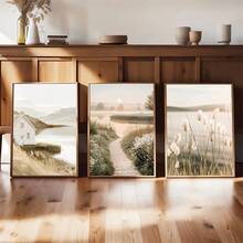 1件/3件套 现代乡村湖泊、日落、芦苇自然风景墙面艺术装饰画，当代艺术装饰海报，帆布画，适用于客厅、卧室、家庭办公室、浴室、餐厅 - 竖版，带框/不带框，带框墙面艺术品 - 彩色 - 查看 3