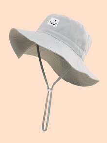 2pcs Kids' Solid Color Embroidered Smiling Face Chin Strap Summer Beach Sun Protection Bucket Hats - 灰色+藏青(笑臉) - 查看 2