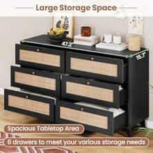 Black Rattan Dresser For Bedroom, 6 Drawer Dresser With Natural Rattan Drawers, Wooden Wide Storage Cabinet With Gold Handles, - 1 - View 4