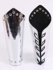 Set Of 2 New Adjustable Silvery/Golden PU Leather Wrist Guards With Retro Rivets, Perfect For Halloween, Nordic Viking Renaissance Cosplay Props, Punk Arm Guards, Cosplay Accessories For Costumes - A - View 3