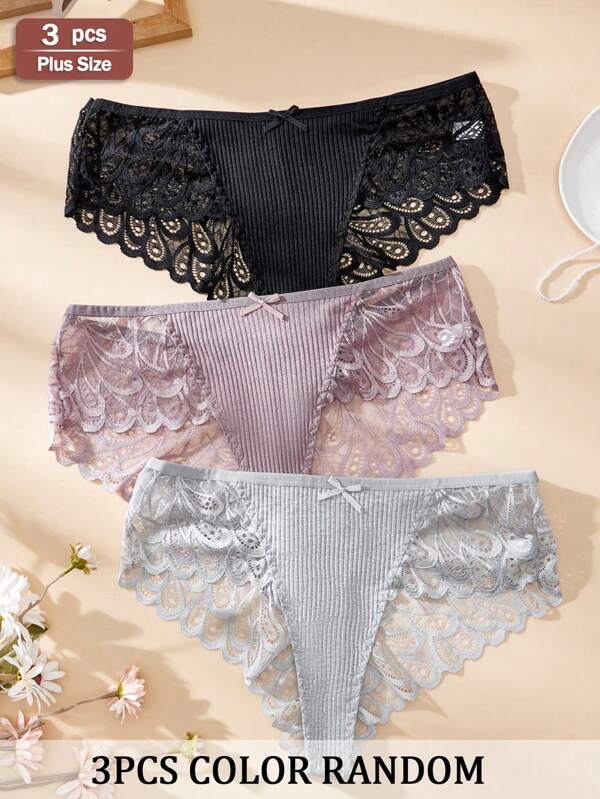 APRSEA 3 PCS Plus Size Women's Panties Breathable Comfortable Panties Lace Bowknot Sexy Thongs