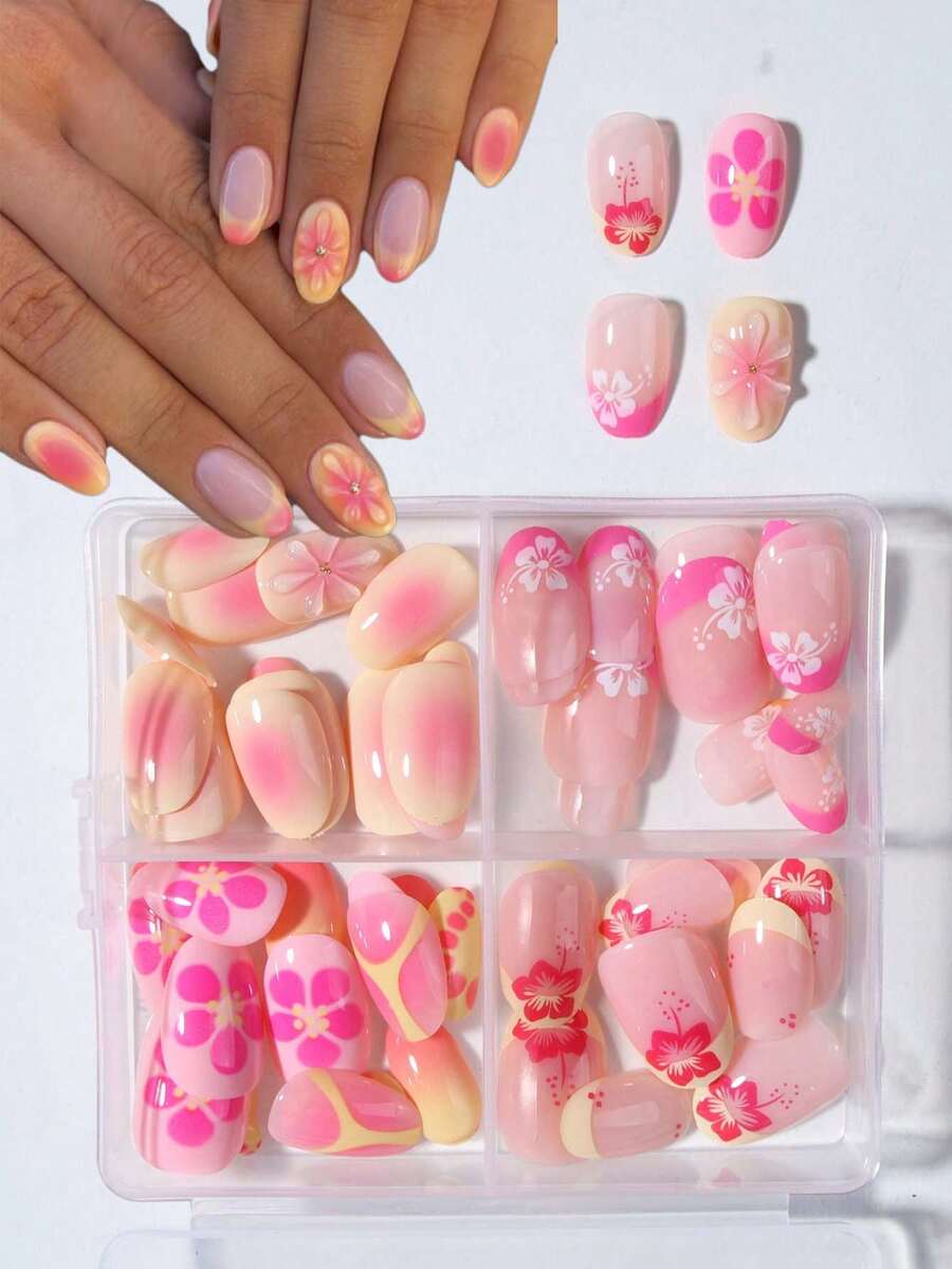短椭圆形 96 片（4 种混合）3D 凝胶指甲，打造芙蓉花指甲设计，法式亚克力按压指甲，短指甲，粉色法式、黄色法式、白色法式设计，完美贴合短假指甲套装，包括：1 片果冻凝胶和 1 个指甲锉。易于佩戴的夏季指甲和法式尖头指甲艺术，适合女性女孩日常工作穿着，狂欢派对使用美甲用品