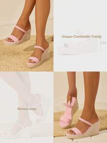 Giày sandal đế xuồng dày dặn dành cho nữ, kiểu espadrille đan dây, quai cài tối giản, mũi tròn, gót cao, màu hồng, phù hợp cho trang phục xuân hè. - Hồng - Xem 11