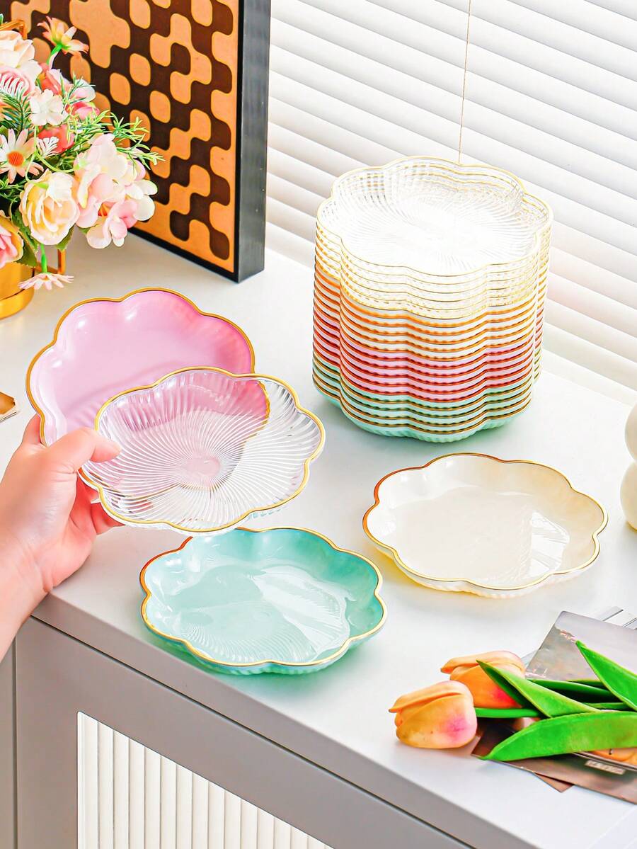 4pcs/6pcs Plastic Bone Plates - Small Dishes With Flower Pattern, Golden Accents, Suitable For Kitchen, Dining, Pickles, Chicken Bones - Multi-Function Mini Plates For Home And Restaurant - Multicolor - View 1