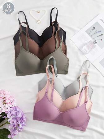 6 件女士舒适睡眠多色休闲无钢圈软杯纯色 Bralette 内衣文胸