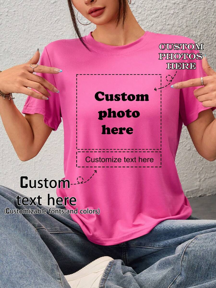 Customized Women's T-Shirt - Can Add Text And Photos (Landscape/Badge/Couple/Family/Selfie/Pet), Customizable Font And Color, Suitable For Summer Travel, Gift For Girlfriend, Women's T-Shirt ,For Family, Gift For Wife - Hot Pink - View 1