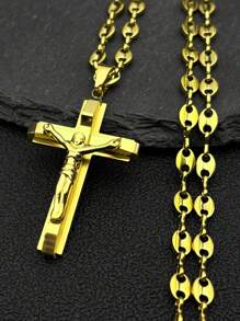 Jesus Cross Crucifix Pendant Necklace For Men Stainless Steel Gold Color Christian Coffee Bean Chain,Father's Day Gift, The Perfect Gift For Family And Friends