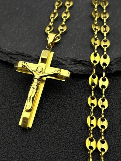 Collier pendentif croix de Jésus crucifix pour hommes, en acier inoxydable de couleur or, avec chaîne grains de café chrétienne. Cadeau parfait pour la Fête des Pères, la famille et les amis.