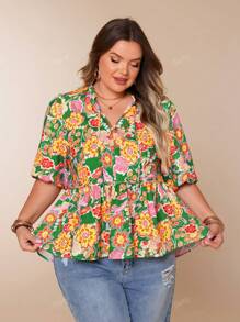 Plus Size Women Casual Floral Print Ruffle Collar Tie Waist 3/4 Lantern Sleeve A-Line Blouse Shirt, For Summer