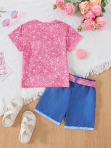 Set de 3 piezas para niñas jóvenes que incluye: Camiseta asimétrica con gráfico lindo de verano + Pantalones cortos efecto denim con cinturón