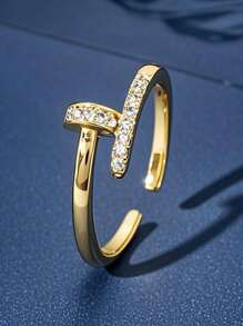 1pc Fashion New Copper Cubic Zirconia Simple T-Letter Open Ring, High Pigment Retention, European & American Style, Versatile