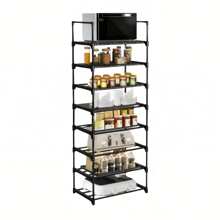 8 Tier Adjustable Kitchen Shelf, Kitchen Organizer Storage, Black Metal Shelf With Hooks, Spice Rack, Kitchenware And Utensil Rack, Home Decor For Kitchen, Pantry, Bathroom, Valentine's Day, Easter Decor.