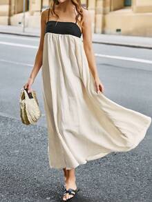Plus Size Women Loose Fitting Suspender Linen Color Block A-Line Maxi Dress