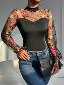 1pc Elegant Vintage Floral Embroidery Mesh Puff Sleeve Bodysuit For Women