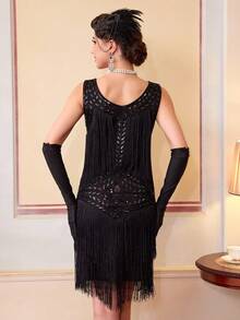 1920 年代无袖轻佻连衣裙 圆领“了不起的盖茨比”连衣裙 流苏亮片“咆哮的 20 年代”连衣裙 鸡尾酒会礼服 - 黑色 - 查看 11