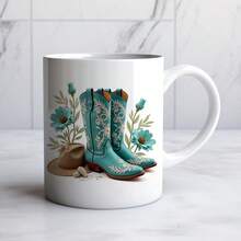 White Ceramic Mug With Turquoise Cowboy Boots And Flowers Print For Home Or Office Use - White - View 3