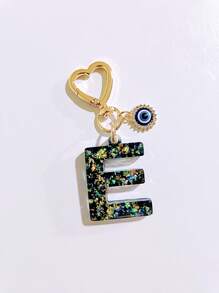 1pc Laser Black Shiny Resin A-Z Initial Keychain, With Devil Eye And Heart Keyring Bag Charm Pendant, Party Favor, Suitable For Holiday Gifts To Friends