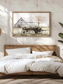 1 pieza Cartel de impresión de granero de carretera, paisaje de granja con flores para decoración de pared de sala de estar, póster listo para colgar, con opción de marco