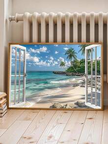 1 Pc Beach Wall Arts, Window Frame Style Sea Canvas Wall Decor Ocean Lavender Pictures, Blue Sea And Boat Sailing Ocean Island Canvas, Nature Seascape Posters For Living Room Office Bedroom Home, Optional Framed