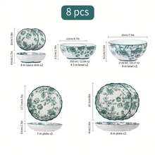 18/8/4/2/1pc Vintage Green Rose Ceramic Bowl, Handmade Glazed Painted Bowl, Perfect Floral Pattern And Complex Geometric Design, Dipping Sauce/Dining/Dessert/Pasta/Sushi/Steak/Soup Bowl, Restaurant, Hotel, Kitchen, Home, Kitchen, Kitchen Accessories, This Is The Perfect Holiday Gift For Family And Friends - Multicolor - View 14