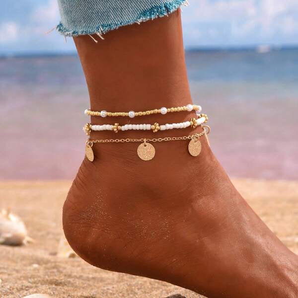 Set de 3 piezas de tobilleras con cuentas, juego de joyas de playa de vacaciones