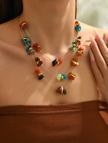 1pc Women's Multi-Layer Bohemian Holiday Resin Stone Necklace (Random Resin Color) - Multicolor - View 1