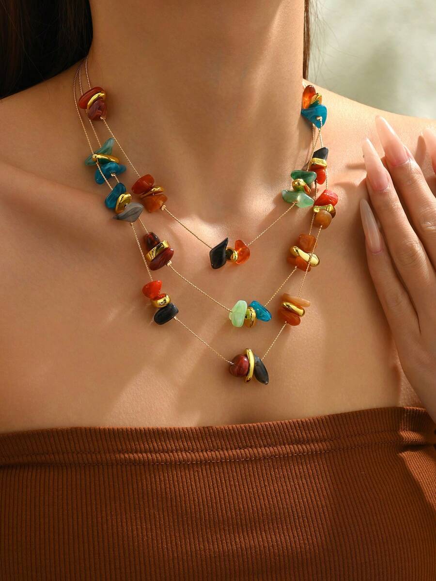 1pc Women's Multi-Layer Bohemian Holiday Resin Stone Necklace (Random Resin Color) - Multicolor - View 1