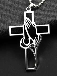 Collar de acero inoxidable 201 con cruz para niños - Colgante de manos en oración, fe cristiana, joyería religiosa, sin recubrimiento, apto para mayores de 15 años