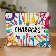 Bolsa de almacenamiento de cable y USB de colores vibrantes - Estuche de lona duradera con cremallera, estuche de accesorios electrónicos unisex con impresión "CARGADORES", para viajes o uso doméstico, bolsa de viaje, artículos de vacaciones, regreso a la escuela, bolsa de escuela, bolsa de viaje para mujeres, bolsa de maquillaje para viajes