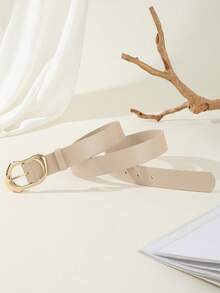 1条简约时尚不对称金色扣环女士腰带，百搭牛仔裤、休闲裤、连衣裙，时尚PU皮革宽腰带 - 白色 - 查看 2