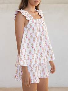 Women's Floral Pajama Set 2 Piece Loungewear Cute Ruffle Trim Cami Tank Top And Shorts Set Matching Pjs Set - 粉色 - 查看 2