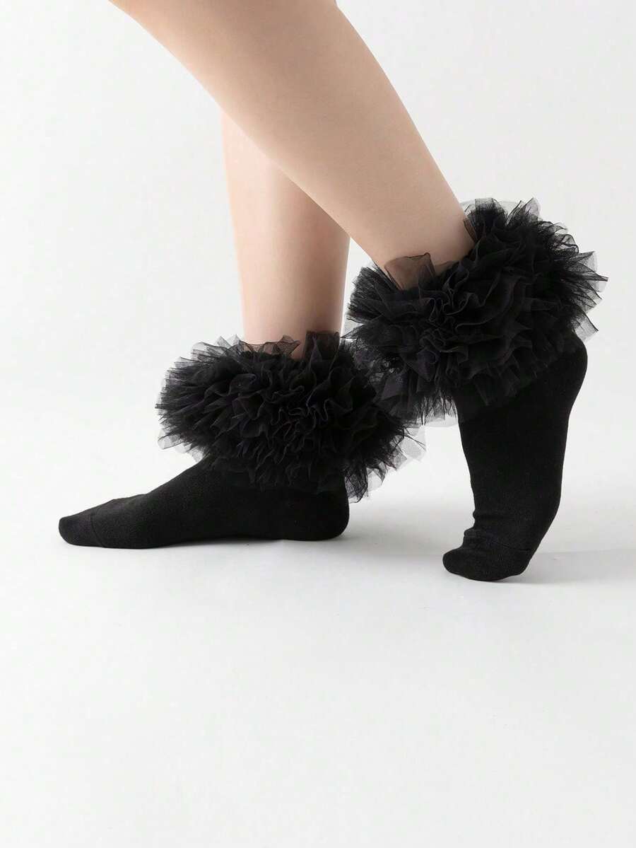 1 Pair Kawaii Women Mesh Patchwork Ruffle Hem Knee High Socks - Multicolor - View 1