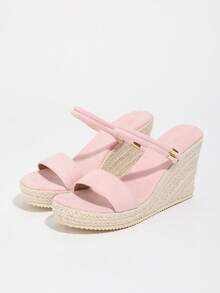 Giày sandal đế xuồng dày dặn dành cho nữ, kiểu espadrille đan dây, quai cài tối giản, mũi tròn, gót cao, màu hồng, phù hợp cho trang phục xuân hè. - Hồng - Xem 8