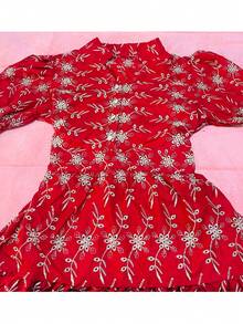 Women's Fashion Midi Dress In 3D Laise Fabric With Elastex On The Back And Button On The Front And Lining - 紅色 - 查看 1