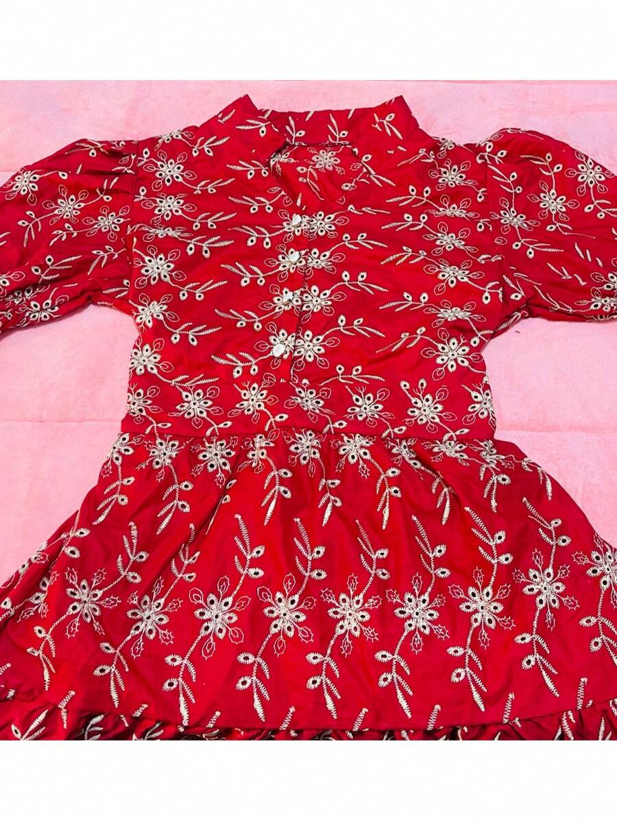 Women's Fashion Midi Dress In 3D Laise Fabric With Elastex On The Back And Button On The Front And Lining - 紅色 - 查看 1