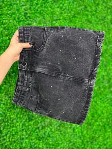 Women's High Waisted Denim Skirt With Rhinestone Crystals And Black Shine I 100% Cotton - 黑色石洗 - 查看 6