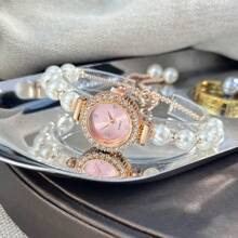 1 pièce Montre à quartz élégante pour femmes ornée de perles blanches, cadran cristal minimaliste, conception raffinée et exquise