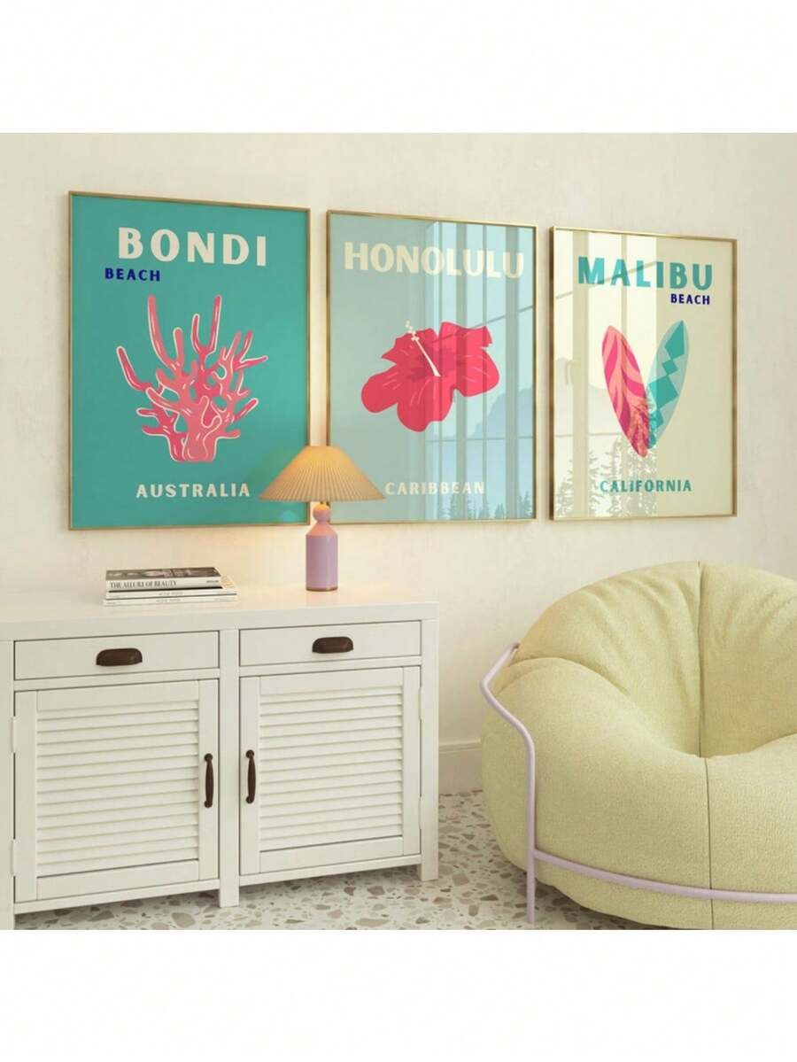 学院风海滩海报 3 套印刷品蓝色少女墙面艺术海滩房间装饰美学海报学院风旅行印刷品沿海墙面艺术帆布画海报和印刷品墙面艺术图片适用于客厅装饰可选框架 - 3件/套 - 查看 1
