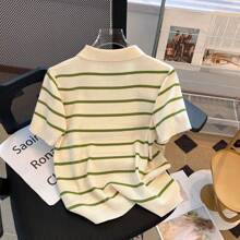 Summer Contrast Color Polo Collar Stripe Silk-Blend Short Sleeve T-Shirt With Zipper, Age-Reducing Top