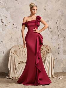 Abito da sera elegante a sirena in raso lucido bordeaux con decorazione fiocco, adatto per balli, eventi formali, cerimonie, ospiti di matrimoni
