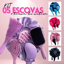KUAILE BIJUX Kit com 5 Escovas - Raquete Fashion Flex + Escova Mágica + Escova Polvo + Escova Massageadora de Silicone e Touca de Cetim