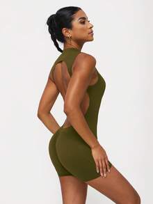 Sodalemon Women Backless Padded Outdoor Yoga Fitenss Gym Sleeveless Elastic Hip Lifting Training Short Casual Training Workout Sport Jumpsuit - Olive Green - View 5