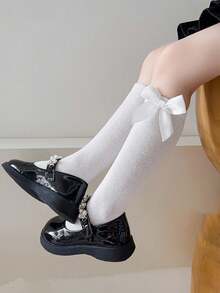 1 Pair Girls Plain Bow Knee High Socks, Mid-Calf Length School Uniform Socks, Versatile For All Seasons
