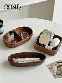 1pc Vintage Desktop Wooden Storage Box, Solid Wood Jewelry Cosmetic Organizer Tray, Entryway Catchall Decor Holder Back To School