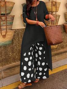 UrbanChic 大码两件套纯色印花套装，前短后长，春夏皆宜，适合情人节、优雅女士、夏季度假、婚礼及活动、外出、度假、沙滩、春假等场合，黑色款。 - 黑色 - 查看 5