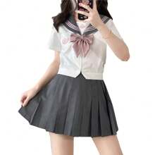 Sailor Uniform, Short Sleeves, Navy Blue, High School Girl, Cosplay, Uniform, Cute, Embroidered Pattern, School Uniform, Junior High School Student, Costume, School Uniform, 4-Piece Set, Jk Uniform, Skirt, Sailor Uniform, Gray, Short Sleeves, Socks Included, Halloween, Costume, School Festival, Cultural Festival, Authentic Uniform