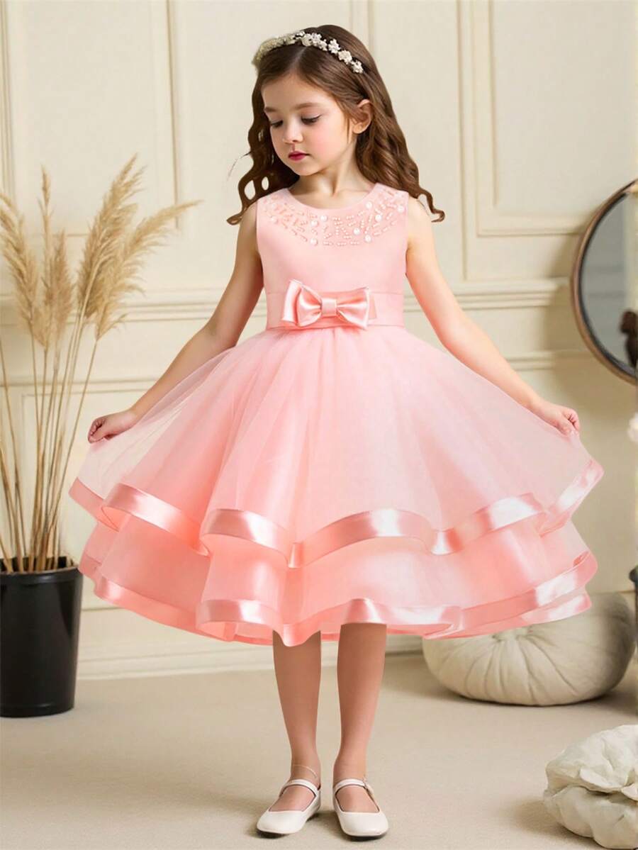 Váy phồng không tay bằng vải tuyn satin nơ trơn màu dành cho bé gái, đầm dự tiệc trang trọng thanh lịch, không bao gồm băng đô - Màu Hồng baby - Xem 1